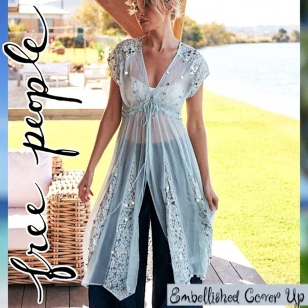 FREE PEOPLE Make a Splash Sheer Sequin-Embellished Tie Front Long Cover-Up/Dress
